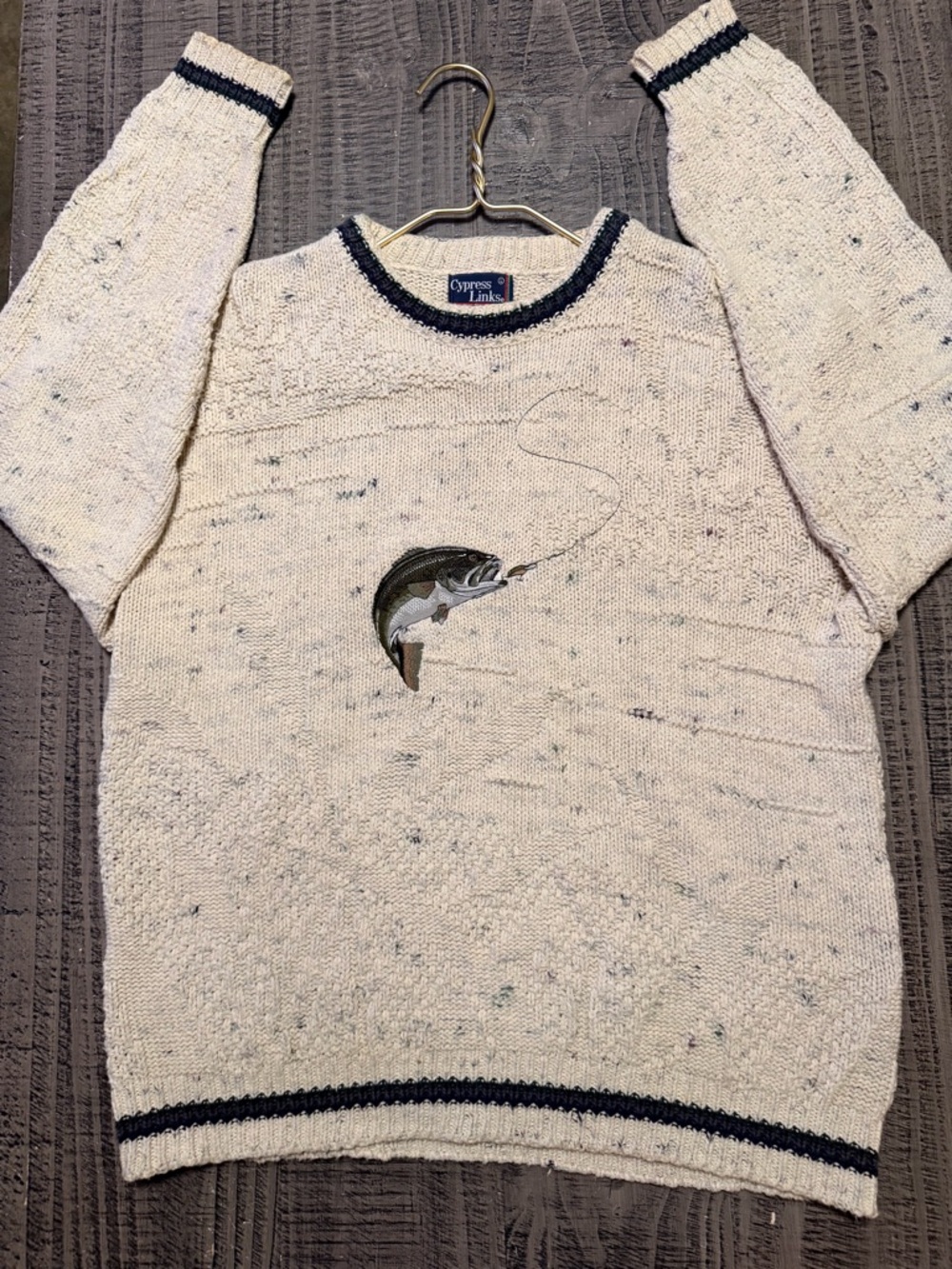 Cypress Links Cream Crewneck Sweater with Trout Motif
